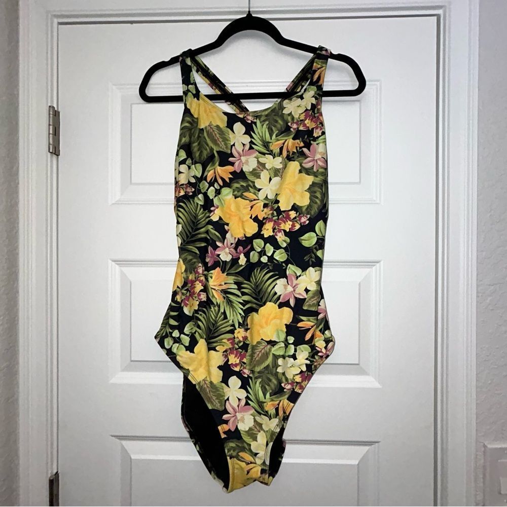Hurley Tropical Floral Print UPF 50+ Criss Cross Open Back One Piece Swimsuit